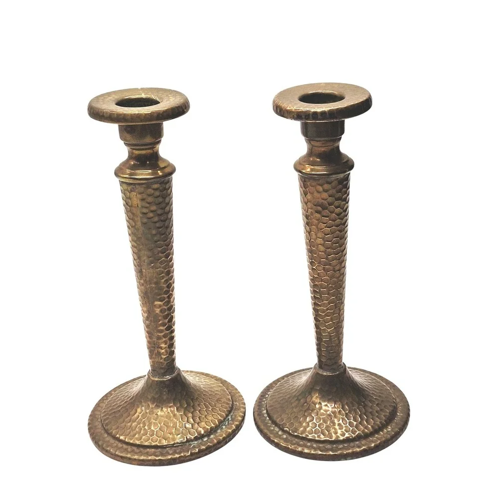 Vintage Hammered Brass Candlesticks Set of 2 Taper Candle Holders Gold Tone 7in